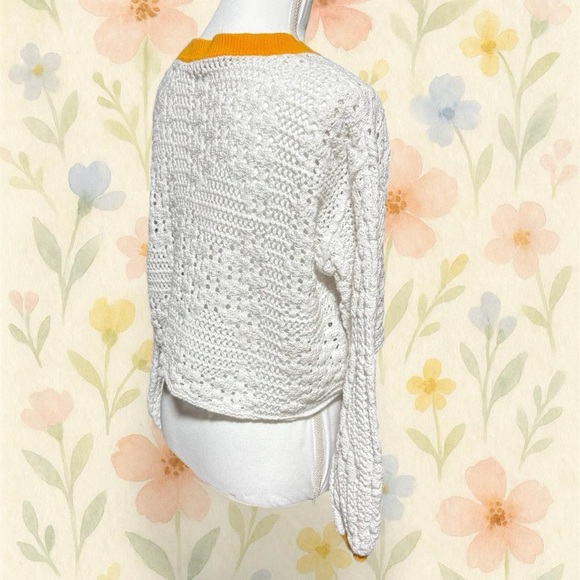 Free People Home Run Sweater XS – White Textured Knit with Mustard Trim - Picture 5 of 8